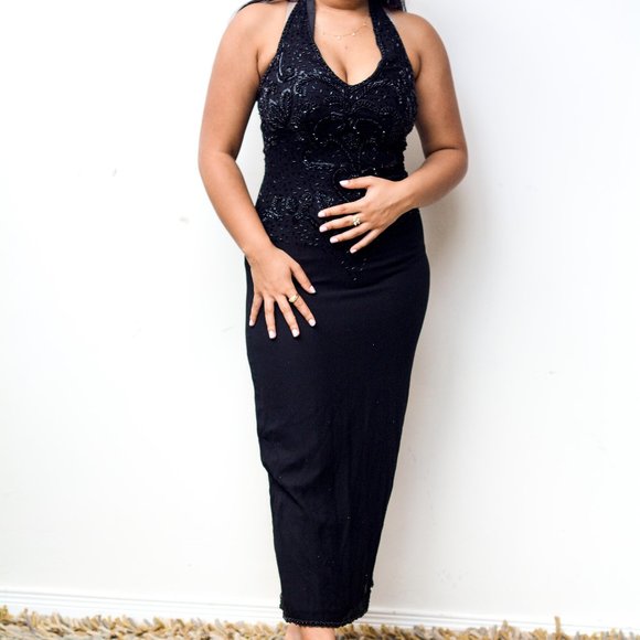 Black Beaded Halter Floor Length Dress - Picture 1 of 4